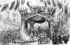 The Lord Mayor's Procession: Arch in Broad-Street - the American flag, 1881. Creator: Unknown.