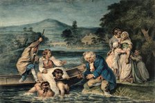A man being brought in by boat apparently drowned, his wife and family grieve on the shore, c1800s. Creator: Robert Smirke.