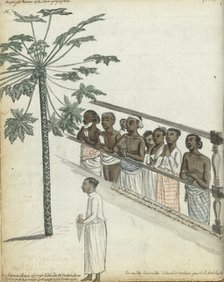 Papaya tree, litigants come to see the Dessave, and a 'hennikap' or free servant in Colombo, 1785. Creator: Jan Brandes.