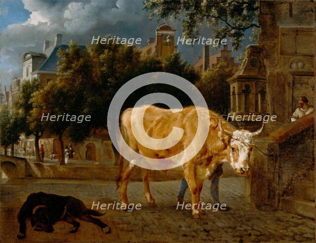 Bull in a City Street, c1670. Creators: Adriaen van de Velde, Jan van der Heyden.