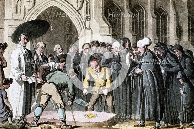 Dr Syntax watching his wife's coffin being lowered into the grave, 1820. Artist: Thomas Rowlandson