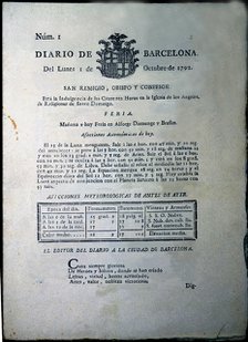 Cover of the 'Diario de Barcelona', doyen of the Spanish press, No. 1 of 1st. October 1792, facsi…