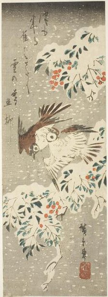 Sparrows Flitting about Snow-covered Nandina as More Snow Falls, c. 1840. Creator: Ando Hiroshige.