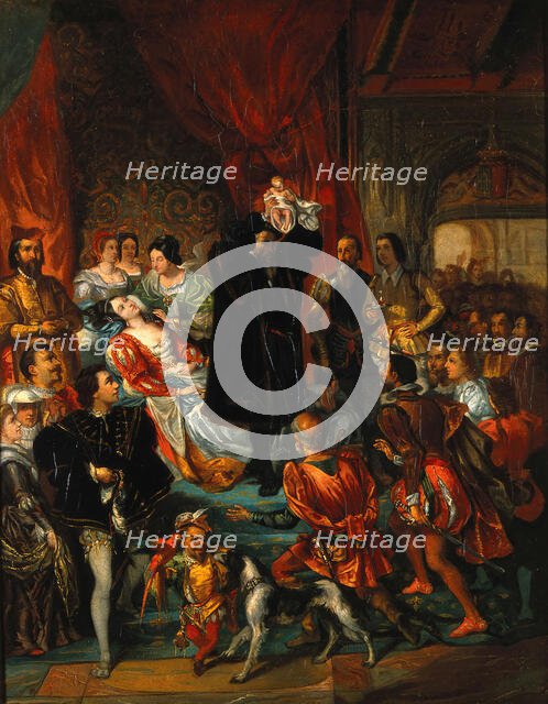 The birth of Henri IV at the castle of Pau, 1800-1899. Creator: Eugene Deveria.