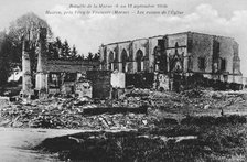 Ruined church, Huiron, France, Battle of the Marne, World War I, 1914. Artist: Unknown