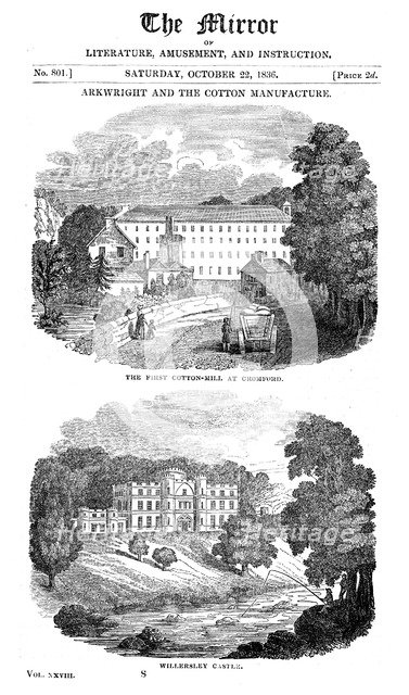 The first cotton mill at Cromford, Derbyshire, and Richard Arkwright's house, 1836. Artist: Unknown