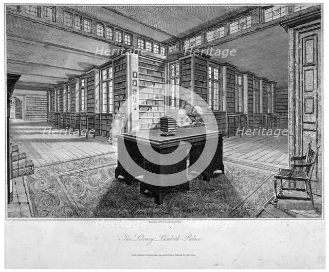 Interior view of the library at Lambeth Palace, with a desk in the foreground, 1805.      Artist: John Roffe