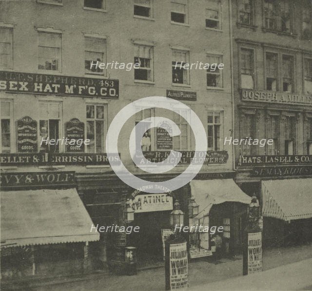 The Broadway Theatre, with posters announcing Julia Dean in The woman in white..., c1860 - 1899. Creator: Unknown.