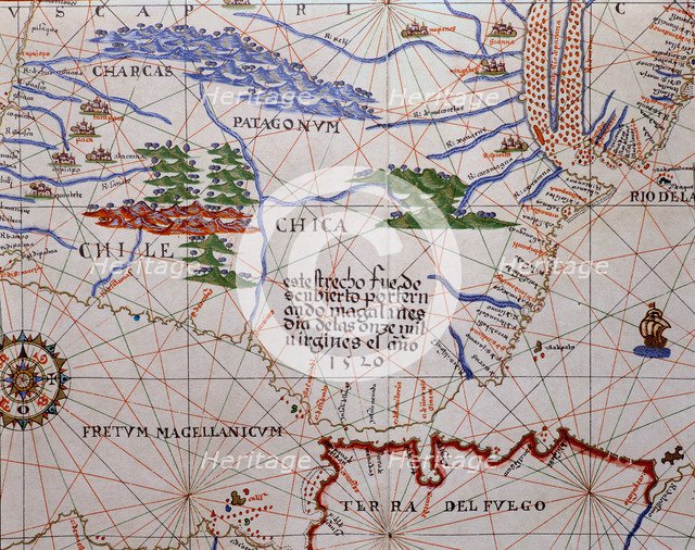  'Atlas of Joan Martines', 1587, representing the Strait of Magellan and the Southern Cone of the…