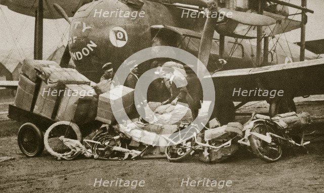 Loading Vickers-Vimy aircraft 'City of London' with motorbike frames for Cologne, c1919-c1929(?) Artist: Unknown