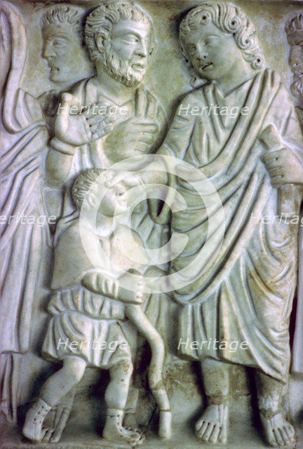 Depiction of Jesus healing a blind man on an early Christian sarcophagus, 4th Century. Artist: Unknown