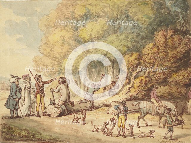 A Sportsman With His Family Instructing Woodmen To Chop Up A Felled Tree, c1816. Creator: Thomas Rowlandson.