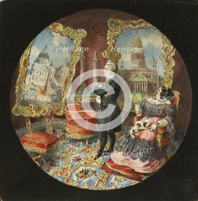 Auguste de Montferrand with Wife in the Living Room, 1840s. Artist: Benois, Nikolai Leontyevich (1813-1898)