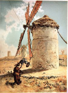 Illustration by Ricardo Balaca, scene of  the mills episode in 'Don Quixote of La Mancha', editio…