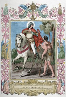 St Martin of Braga (520-589) sharing his cloak with a beggar, 1853. Creator: Cibera.