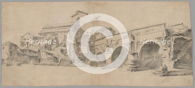 View of the Ponte Rotto, Rome, with Watermills, late 1630s. Creator: Jan Asselijin.