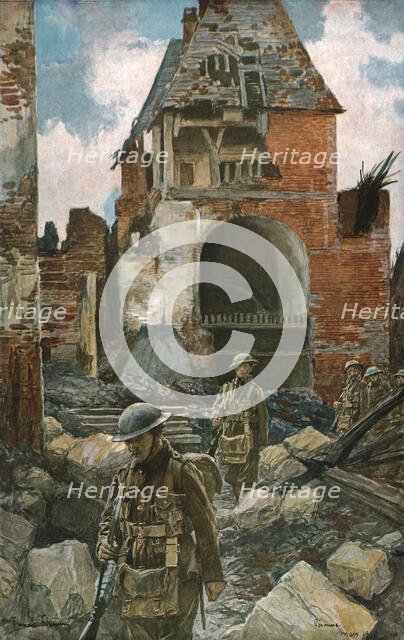 'Dans les villes liberees (mars 1917); Soldats anglais dans les vieux remparts de Peronne', 1917. Creator: Francois Flameng.