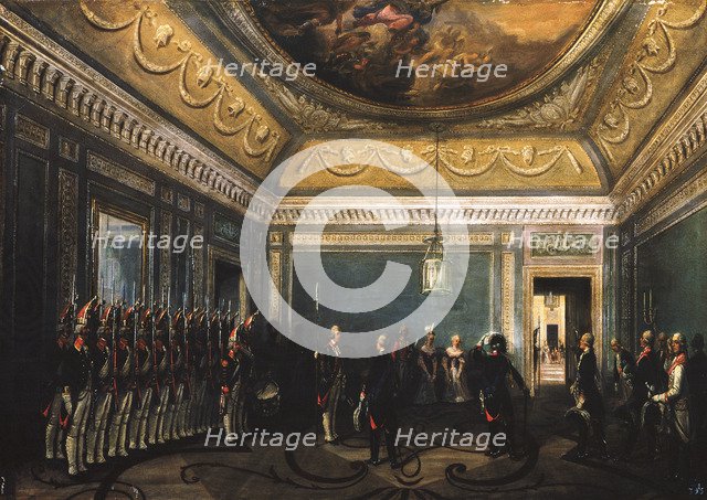 Changing of the Preobrazhensky Regiment Guards in the Gatchina Palace at the time of Paul I, 1845. Artist: Schwarz, Gustav (ca. 1800-after 1855)