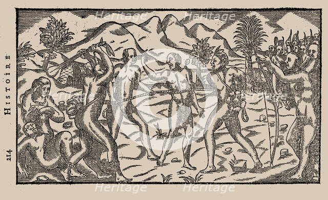 Brazilian Indian warriors taking a prisoner. From "Histoire d'un voyage fait en la terre du Brésil"  Creator: Bry, Theodor de (1528-1598).
