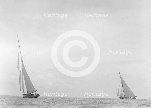 The 179 ton 'White Heather' and 221 ton 'Britannia' racing upwind, 1921. Creator: Kirk & Sons of Cowes.