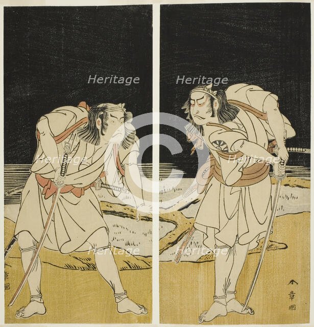 The Actors Nakamura Nakazo I as Omi no Kotoda (right), and Otani Hiroji III as Bamba no..., c. 1774. Creator: Shunsho.