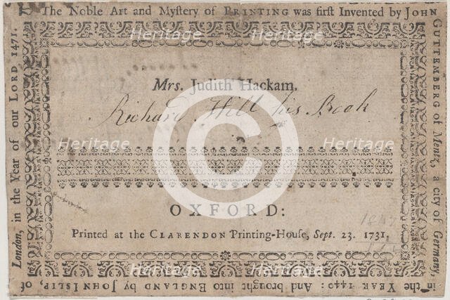 Book Label for Mrs. Judith Hackam, 19th century., 19th century. Creator: Anon.