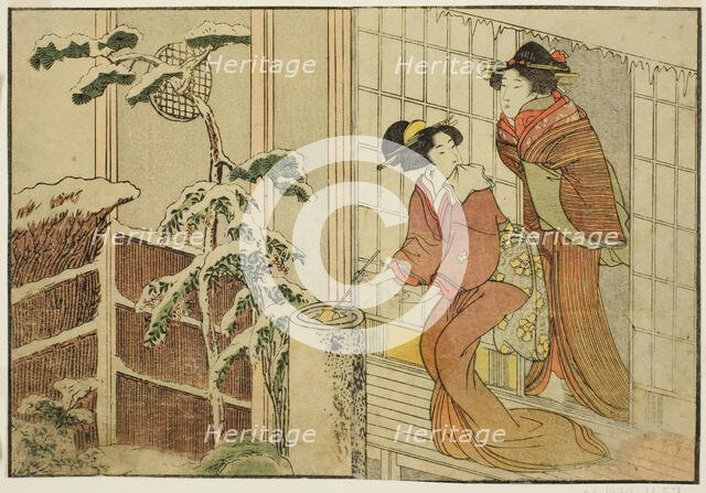 Two Women on Verandah on a Snowy Morning, from the illustrated book "Picture..., New Year, 1801. Creator: Kitagawa Utamaro.