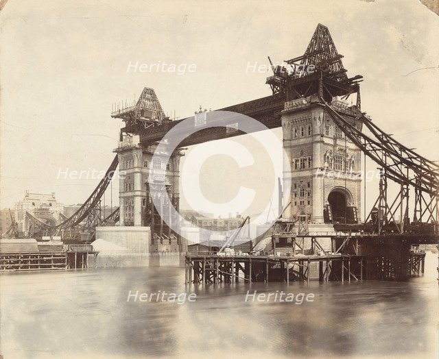 Tower Bridge under construction, London, c1893. Artist: Unknown