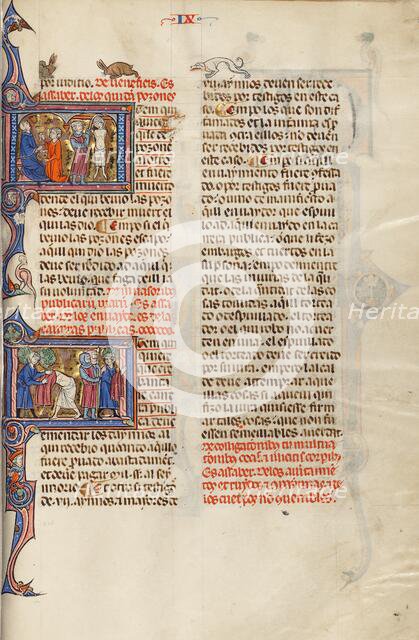 Initial I: A Man Giving a Goblet to a Man and Another Man Killed by Hanging..., about 1290-1310. Creator: Unknown.