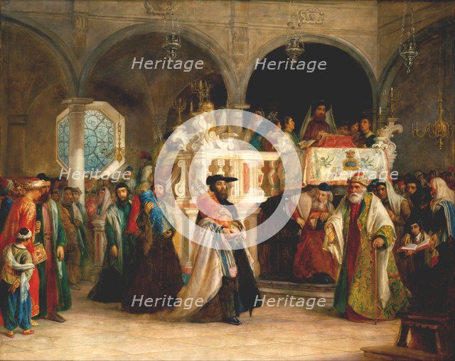 The Feast of the Rejoicing of the Torah at the Synagogue in Leghorn, Italy, 1850. Artist: Hart, Solomon Alexander (1806-1881)