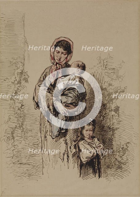 Peasant Woman with Two Young Children, 1852-1866. Creator: Paul Gavarni.