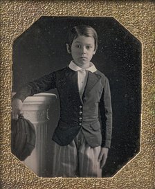 Boy Holding Cap, Resting Arm on a Column, 1840s. Creator: Unknown.