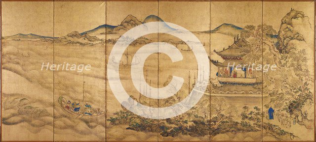 Roukaku Sansui Zu (Landscape with tower) Right of a pair of six-section folding screens, c. 1750. Artist: Ike no Taiga (1723-1776)