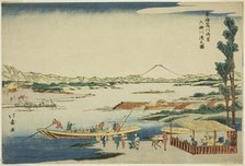 View of the Rokugo River Crossing at the Kawasaki Station (Kawasaki-juku Rokugo..., c. 1789/1818. Creator: Shotei Hokuju.
