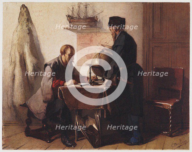 Jacob van Heemskerk and Willem Barendsz. plan their trip to the Arctic in 1594. Artist: Bisschop, Christoffel (1828-1904)