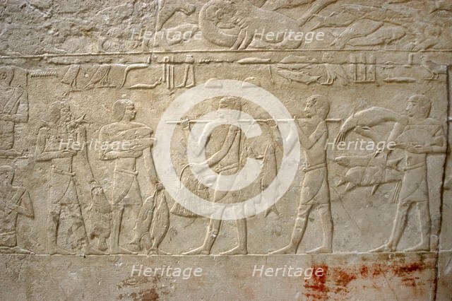 Carrying the fishing, polychrome relief, Mastaba of Kagemni, Saqqara, Egypt, Old Kingdom (2003). Creator: Unknown.