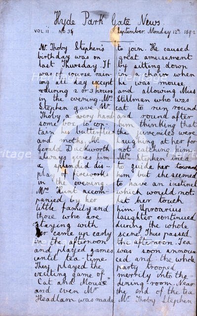 Hyde Park Gate News, family magazine of Virginia Woolf and Vanessa Bell, 1891-1892. Creator: Vanessa Bell.