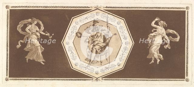 Minerve assisse dans un octagone décoratif, avec une figure à gauche et à doroite (la Nuit..., 1784. Creator: Jean Jacques Lagrenee.