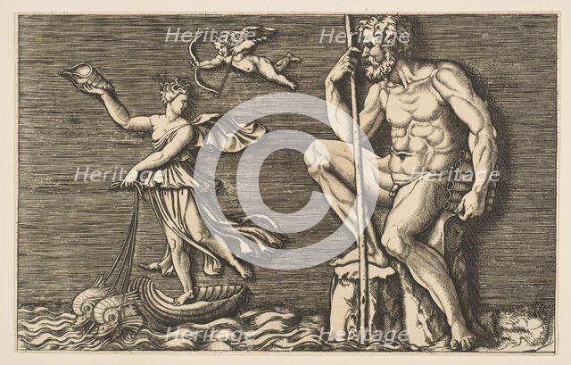 Galatea escaping Polyphemus; he is seated on a rock holding a staff and pipes and..., ca. 1515-1600. Creator: Unknown.