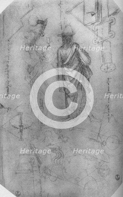 'A Draped Figure, Studies of Machinery Etc.', c1480 (1945). Artist: Leonardo da Vinci.