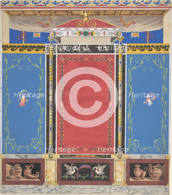 Painted Wall Decor Featuring Thin Column with a Pair of Swans and Trompe L'Oeil..., 19th century. Creators: Jules-Edmond-Charles Lachaise, Eugène-Pierre Gourdet.