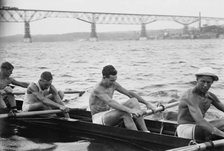 Stanford University crew rowing on Hudson River with Poughkeepsie Bridge..., between c1910-c1915. Creator: Bain News Service.