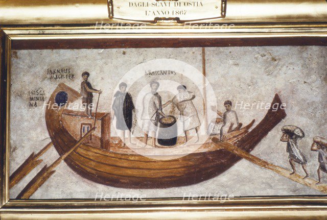 Roman Merchant-ship being loaded with grain, from a wall painting in Ostia,  2nd-3rd century. Artist: Unknown.