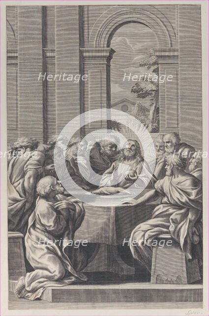 The Last Supper, the interior of a classical building with Christ and his apostles seat..., 1660-81. Creator: François Spierre.