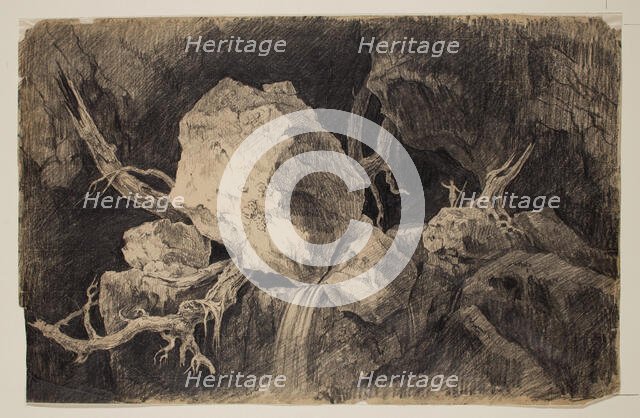 Hunter Standing in Cave near Rock and Waterfall, c1828. Creator: Thomas Cole.