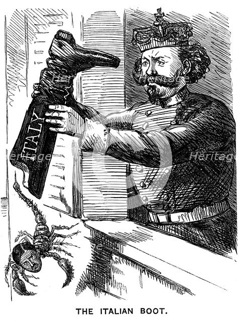 Victor Emmanuel II (1st King of Italy) shaking Leopold II (Duke of Tuscany) out of Italy, 1861. Artist: Unknown