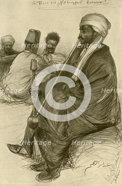 Man smoking a water pipe on board the 'Hatasoo' steamboat, Egypt, 1898.  Creator: Christian Wilhelm Allers.