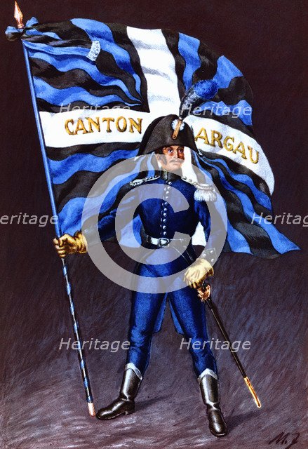 Flag bearer from the canton of Argovie, c. 1805. Color engraving from 1943, published by Editions…
