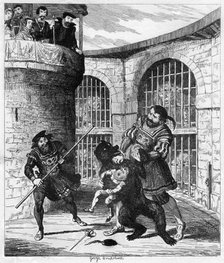 Gog extricating Xit from the bear in the Lions' Tower, 1840. Artist: George Cruikshank