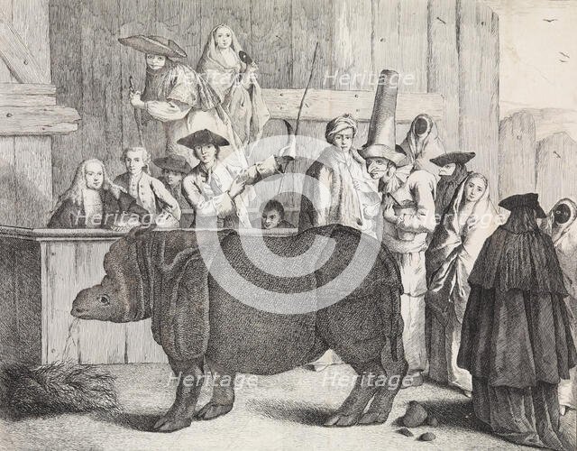 The Rhinoceros, Clara, in the foreground, her keeper holding her horn and a whip..., after ca. 1751. Creator: Alessandro Longhi.